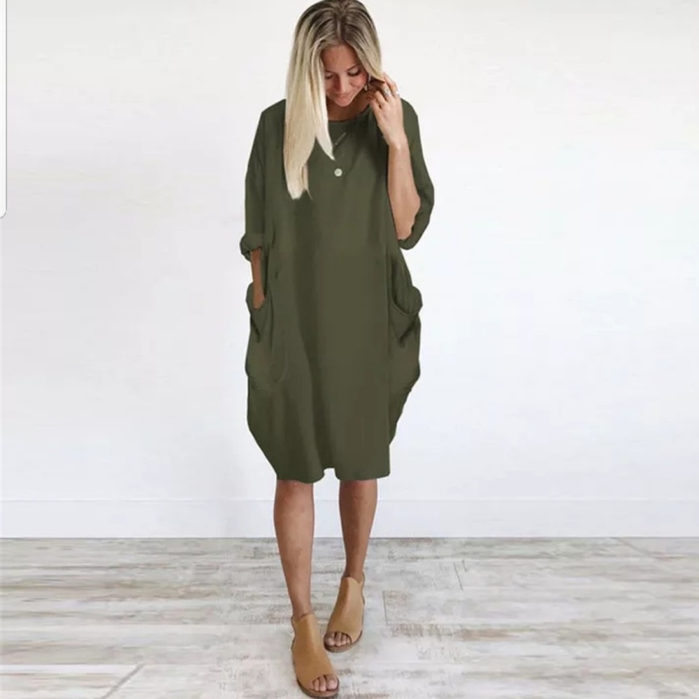 Minimalist Lagenlook Army Green Baggy T-Shirt Tunic Midi Dress